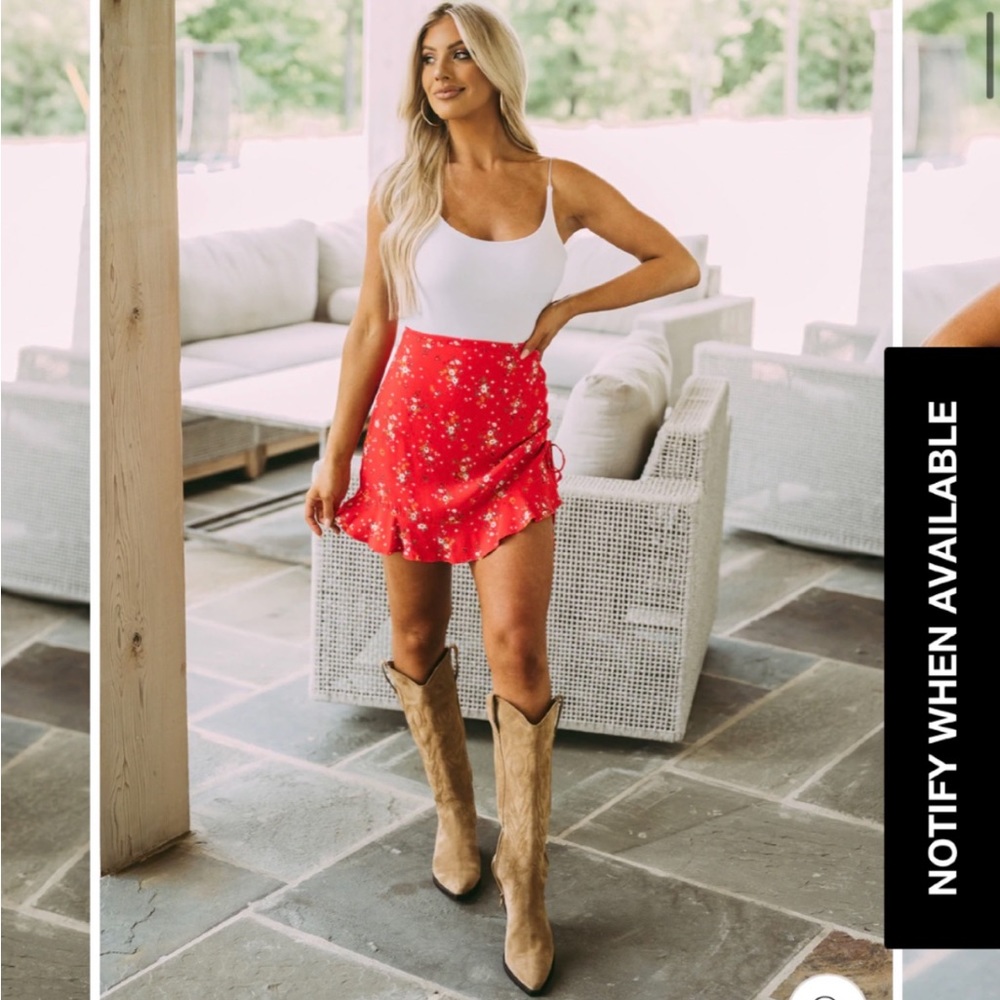 These Three Boutique Olivaceous red side tie floral mini skirt